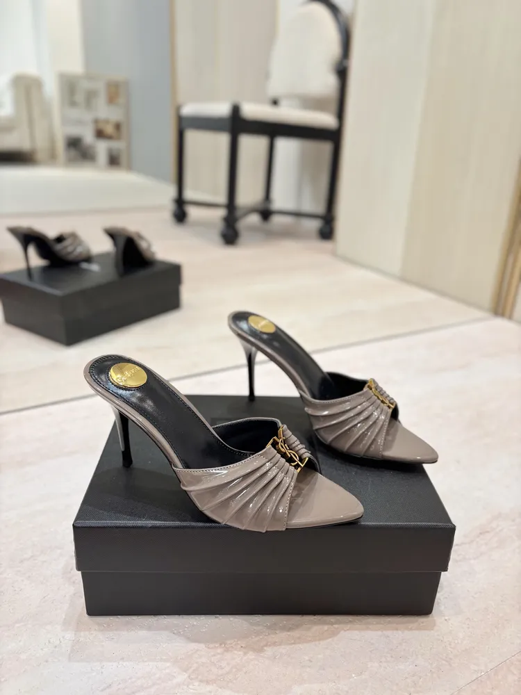 YSL 레더 주름 뮬 힐 여성 신발