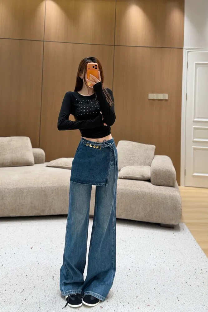 레이어드 와이드 여성 데님팬츠