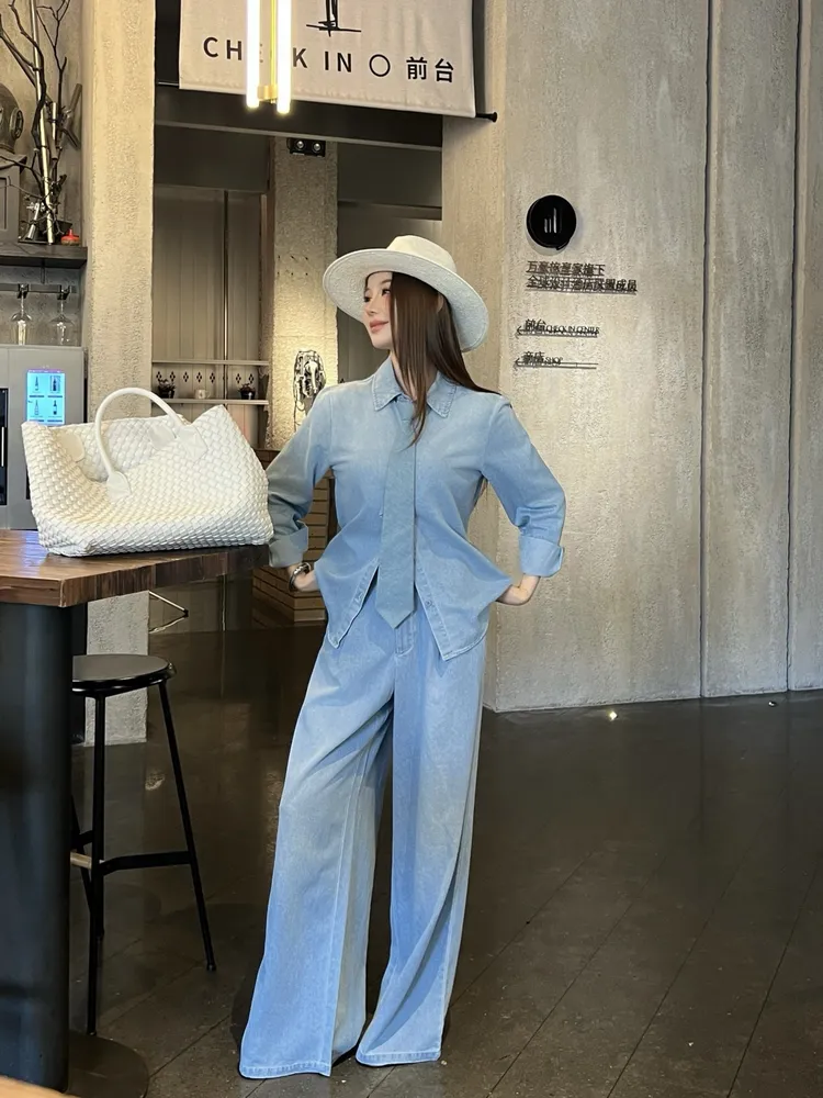 벨트 세트 스트레이트 와이드 여성 데님팬츠