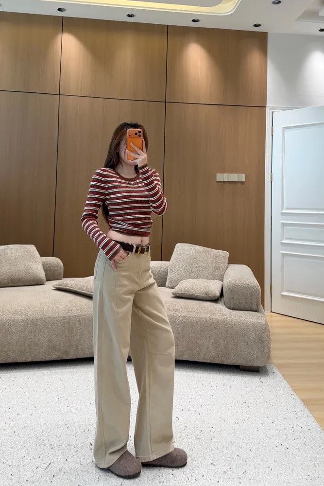 배색 스티치 벨티드 데님 여성 팬츠
