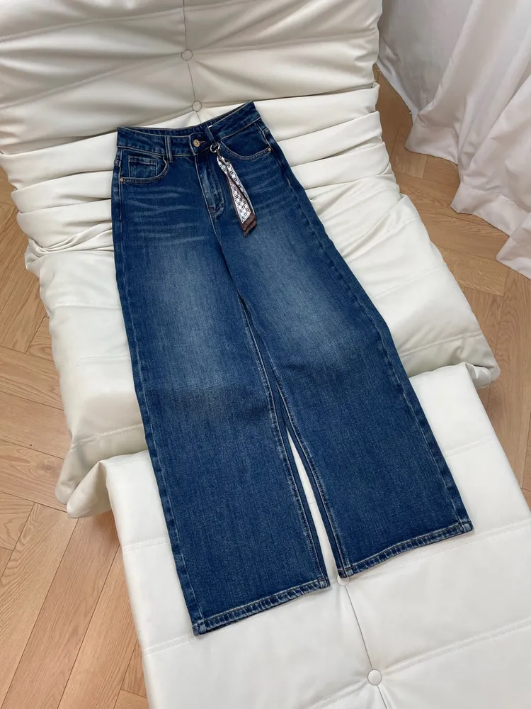 스카프 장식 워시드 데님 여성 팬츠 블루