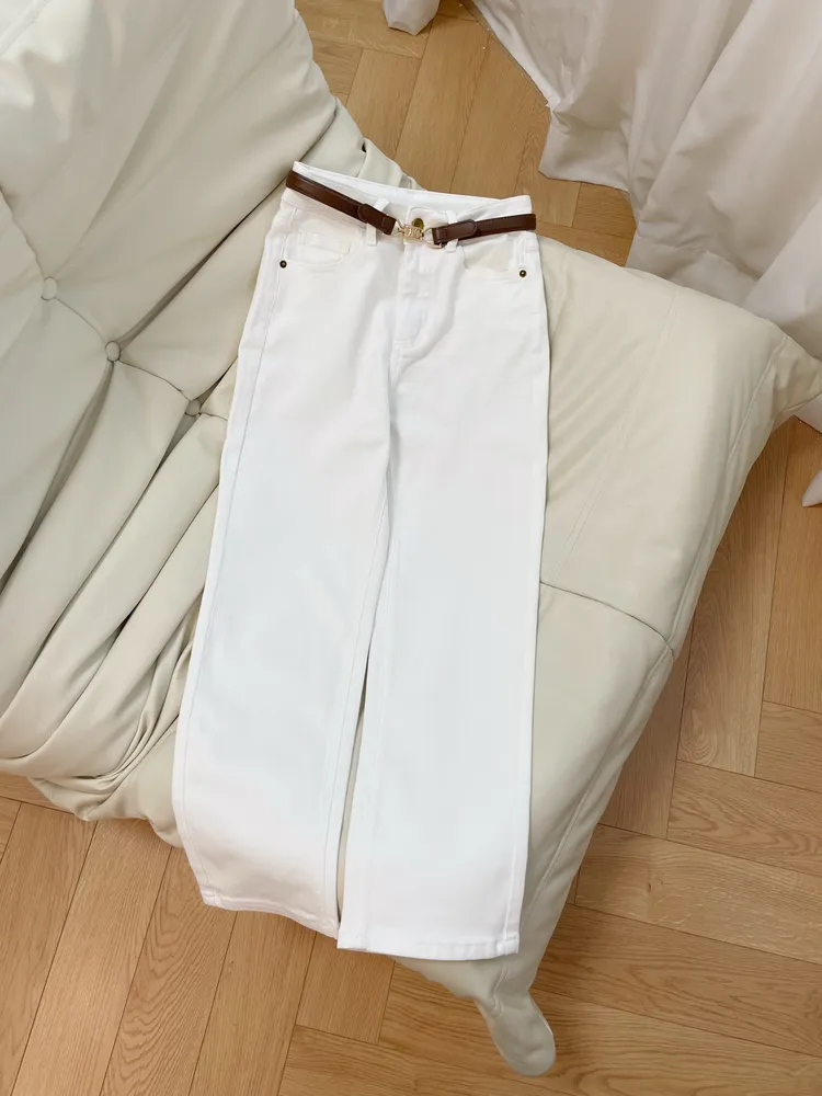 스카프 장식 워시드 데님 여성 팬츠 화이트