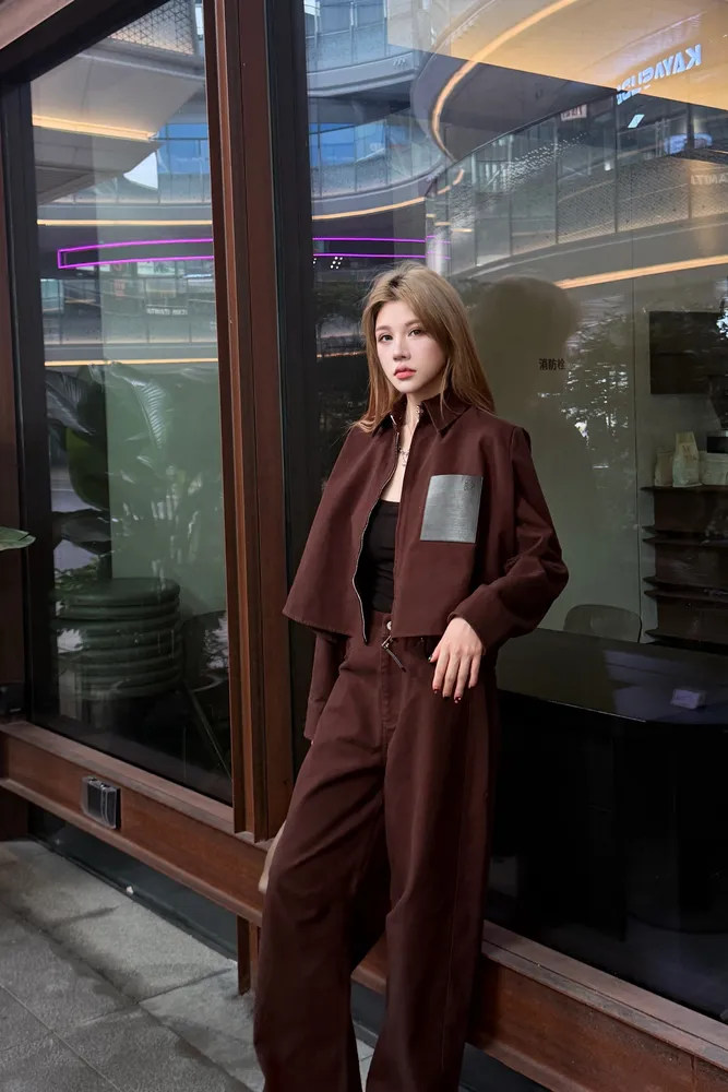 워싱 코튼 여성 팬츠 브라운