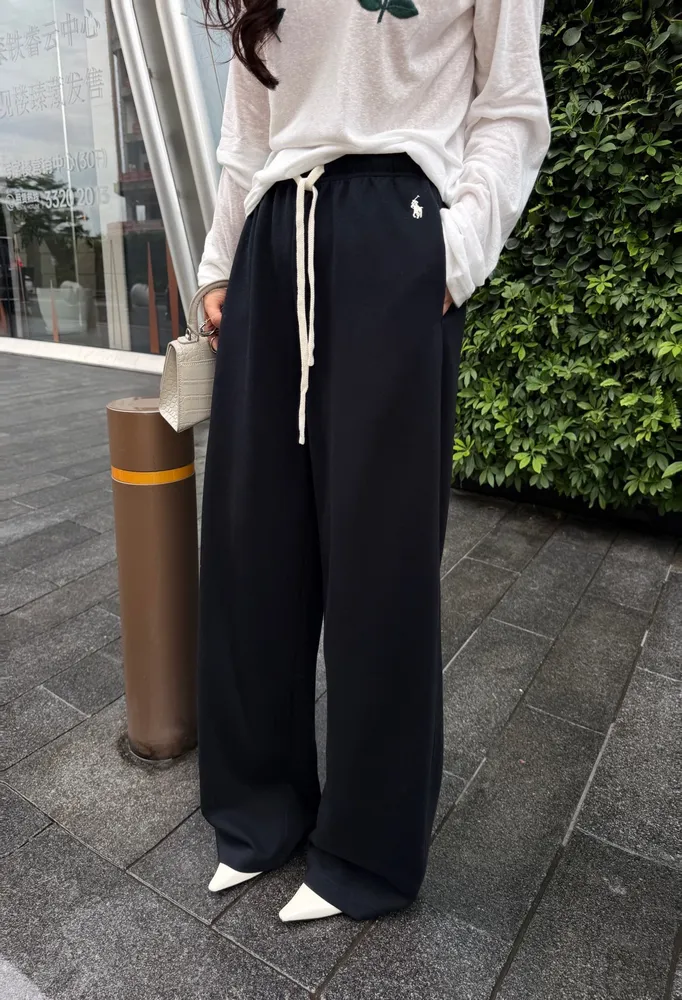 로고 자수 와이드 여성 팬츠 블랙