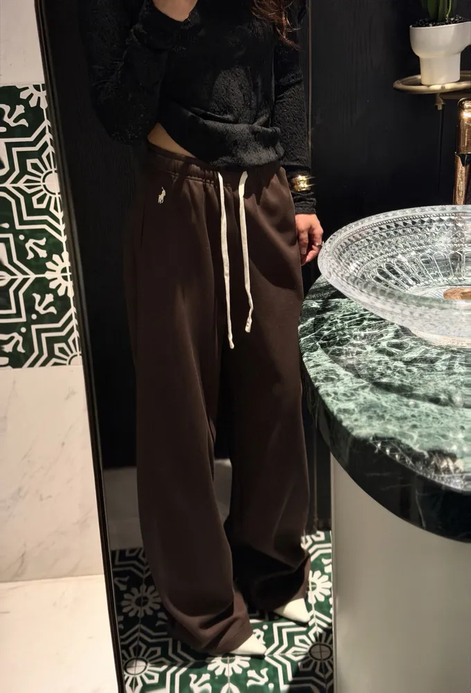 로고 자수 와이드 여성 팬츠 브라운
