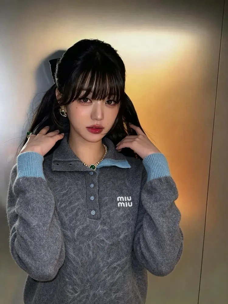 [장원영] 울 레이어드 로고 폴로 여성 긴팔 니트