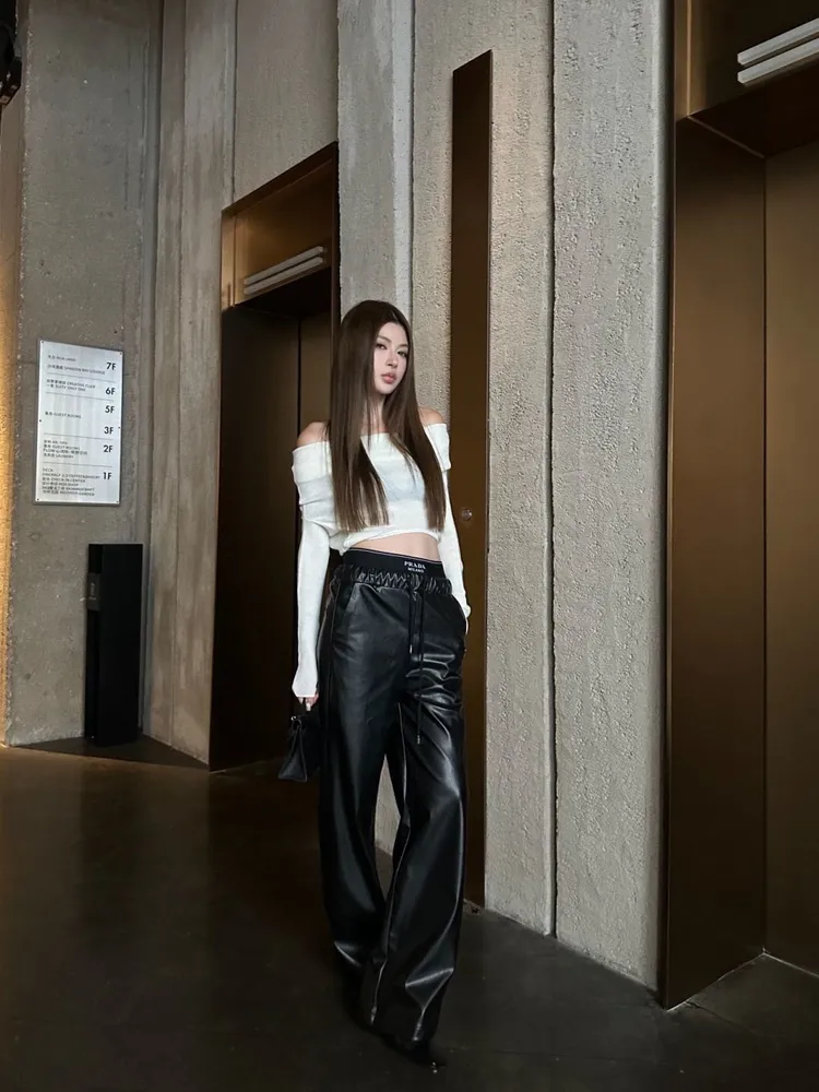 나파 레더 스포츠 트랙 와이드 가죽 여성 팬츠