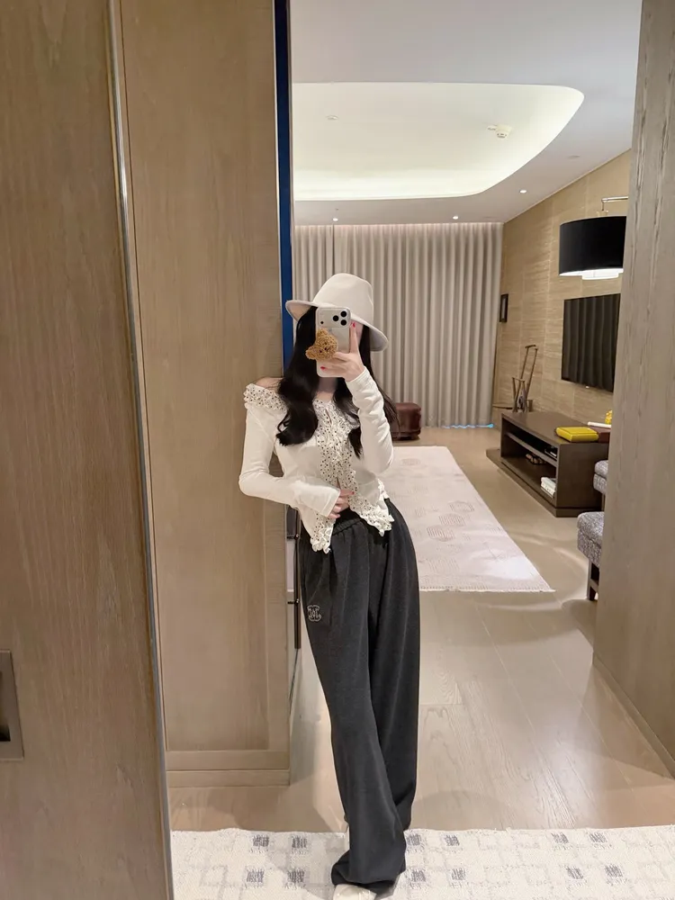 코코 네주 자카드 밴딩 와이드 여성 팬츠 블랙