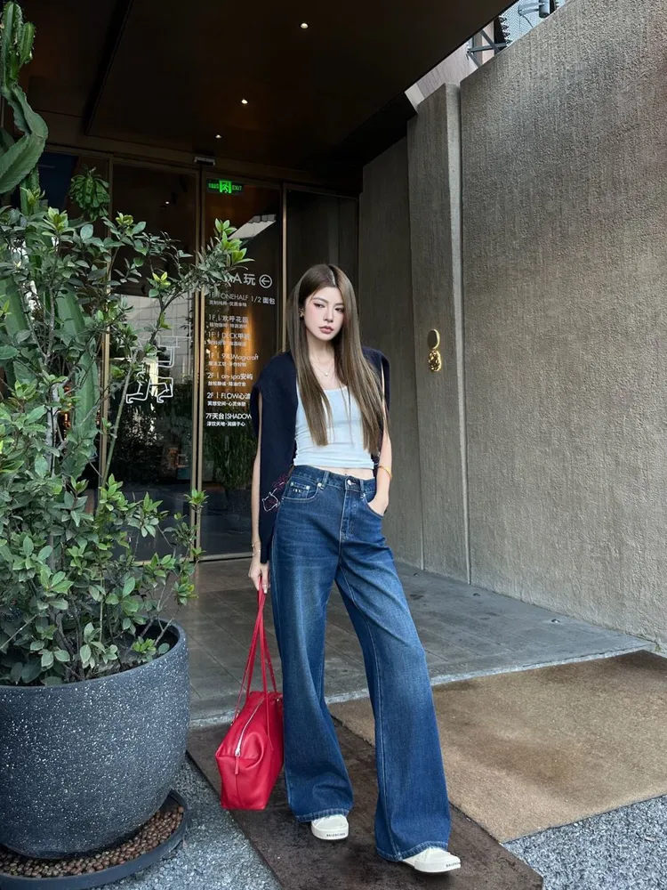 30 몽테인 바 디테일 와이드 여성 데님 팬츠 블루
