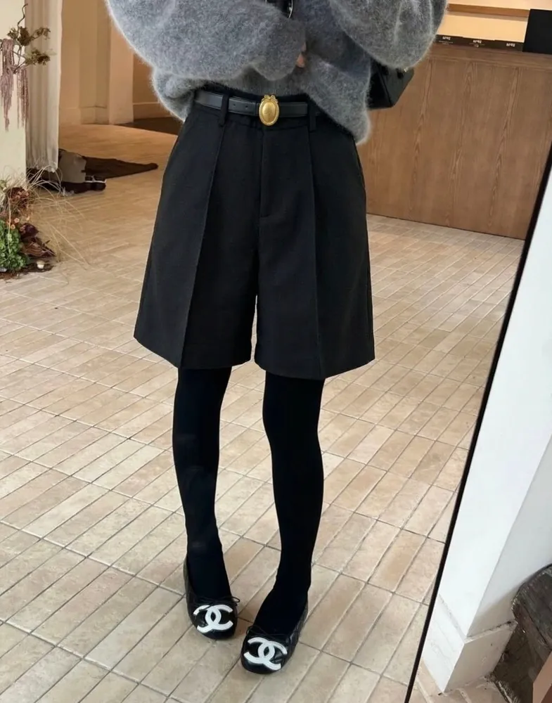 트리오퐁 벨티드 울 여성 반바지 블랙
