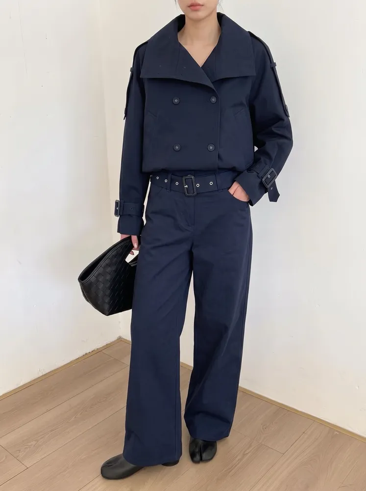 하이웨이스트 벨티드 여성 팬츠 블랙