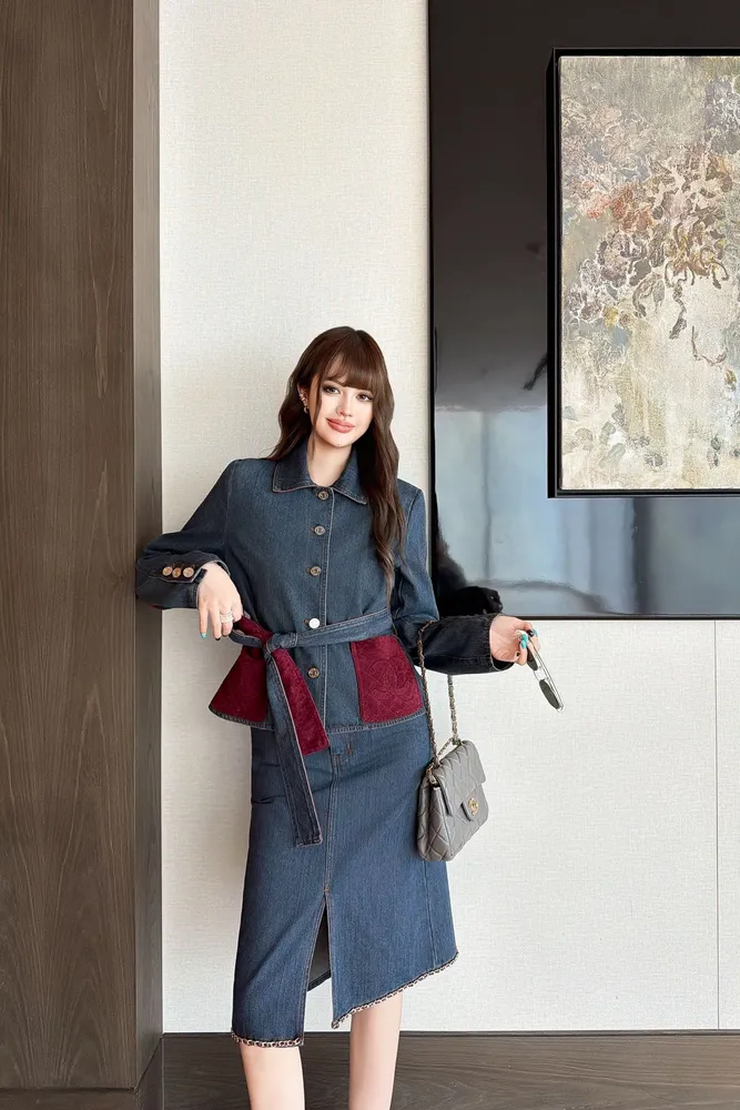 스웨이드 배색 벨티드 데님 여성 자켓 진청
