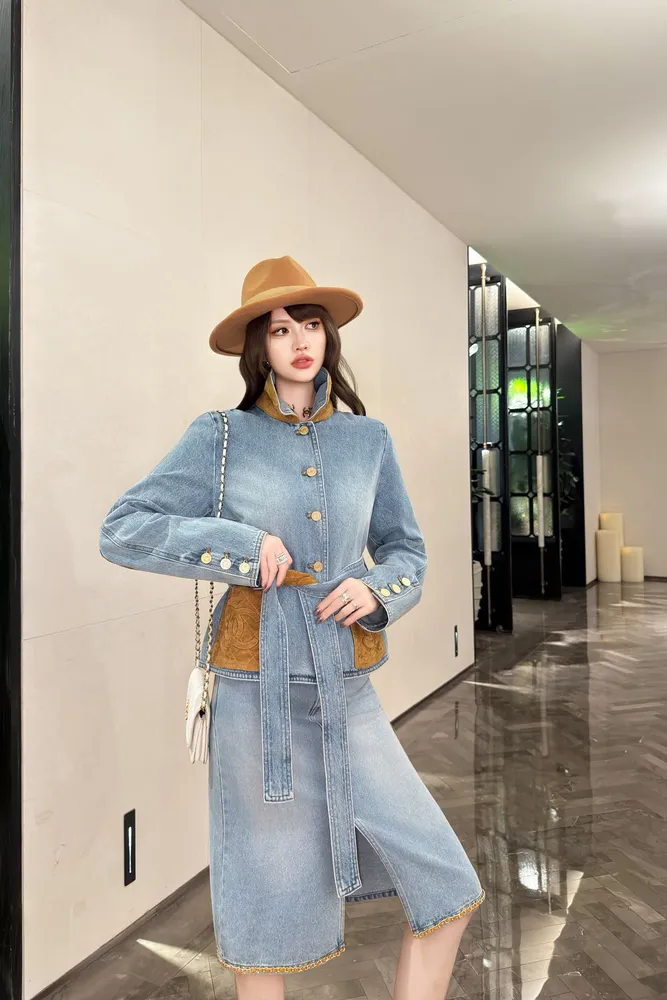 스웨이드 배색 벨티드 데님 여성 자켓 연청