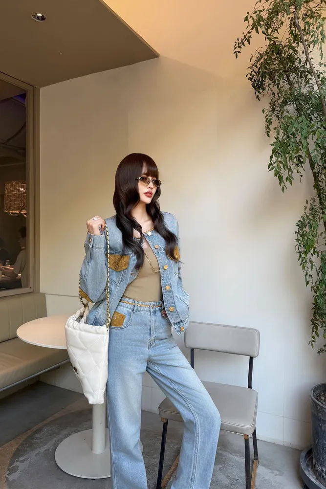 체인 퀼팅 스웨이드 스트레이트 여성 데님팬츠