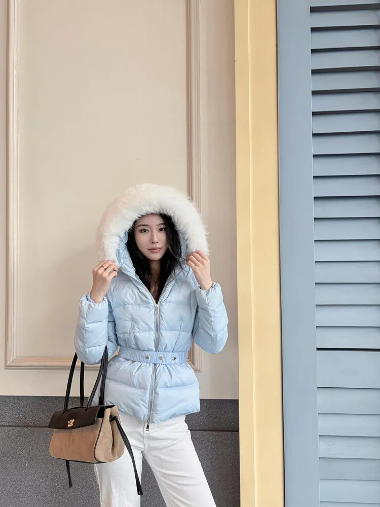 보에드 퍼 후드 벨티드 여성 패딩 자켓