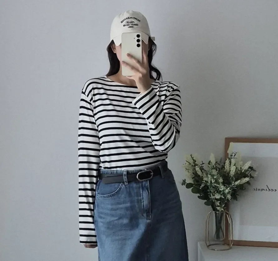 단가라 스판 긴팔 티셔츠 스트라이프티 가을 데일리룩